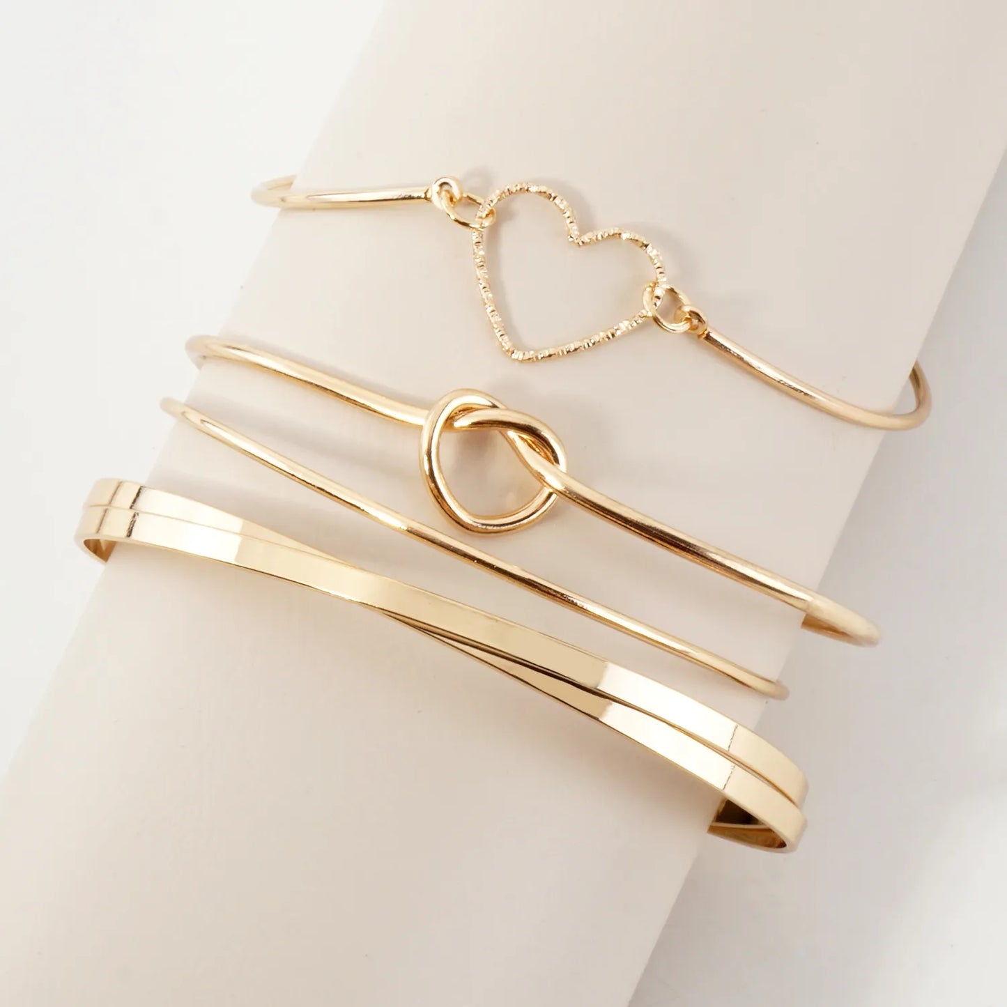 4PC-Set Polished Metal Love-Knot Heart Open Cuff Bracelet