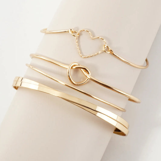 4PC-Set Polished Metal Love-Knot Heart Open Cuff Bracelet