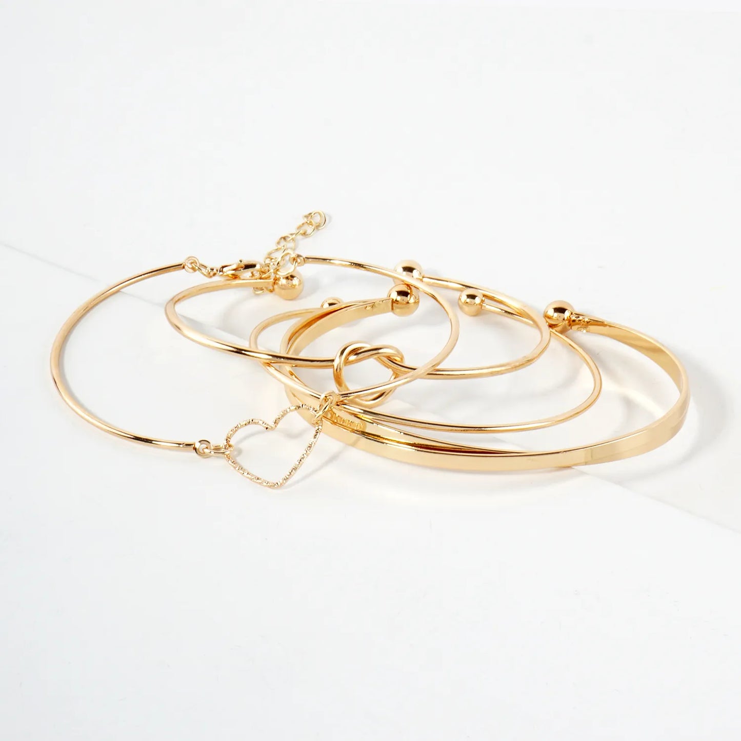 4PC-Set Polished Metal Love-Knot Heart Open Cuff Bracelet