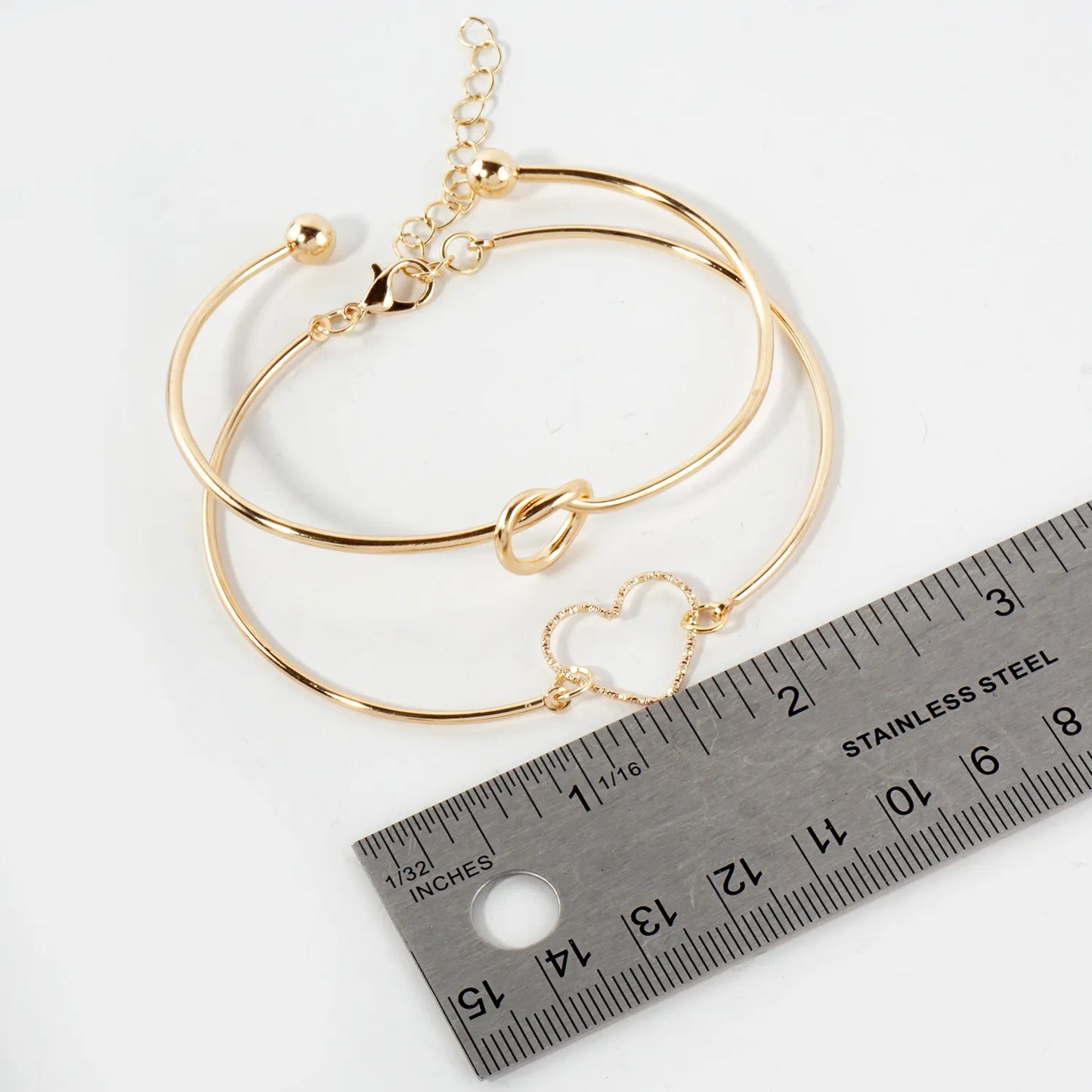 4PC-Set Polished Metal Love-Knot Heart Open Cuff Bracelet