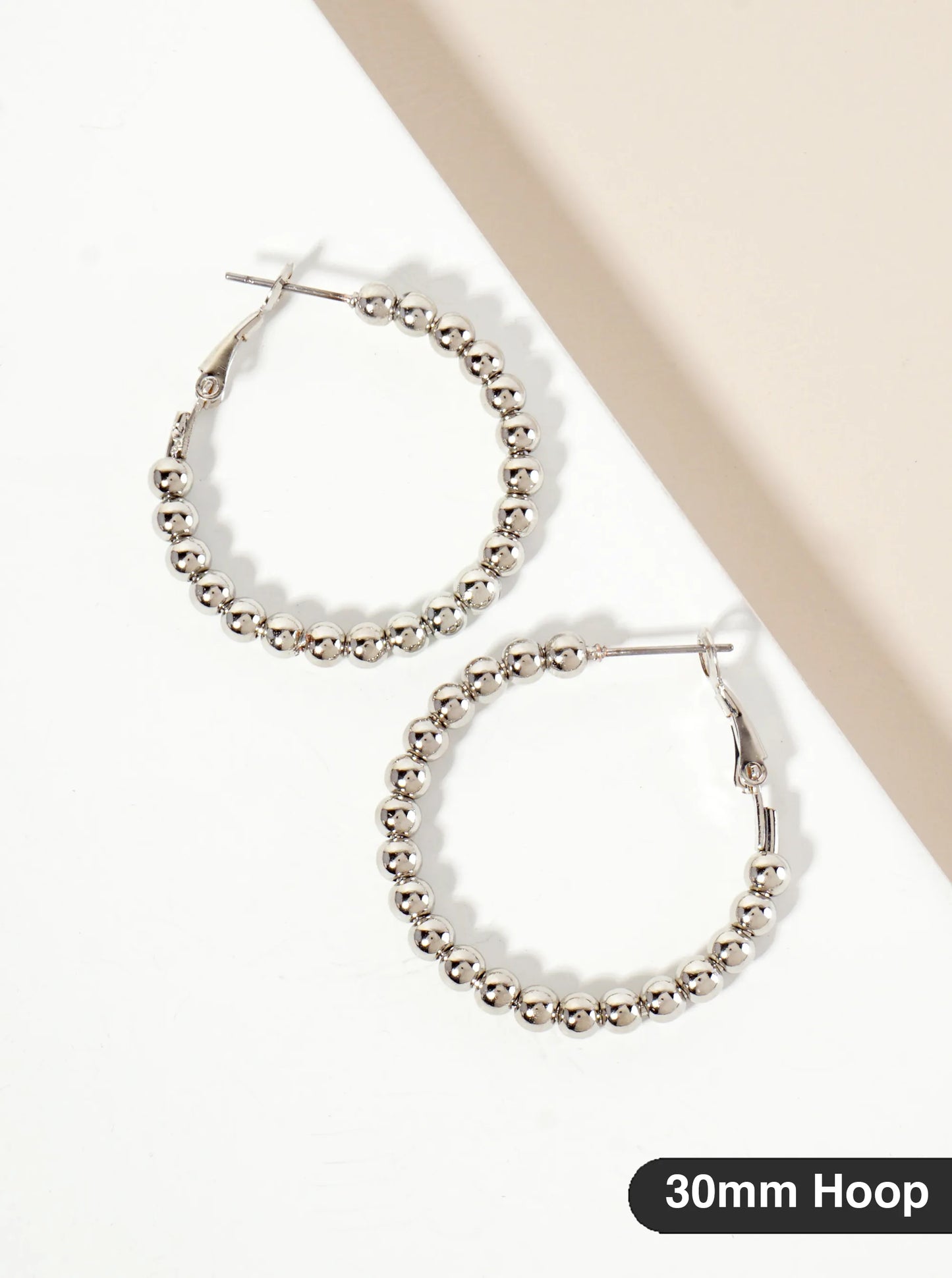 4mm Ball-Bead 30mm Latch-Back Hoop Earrings