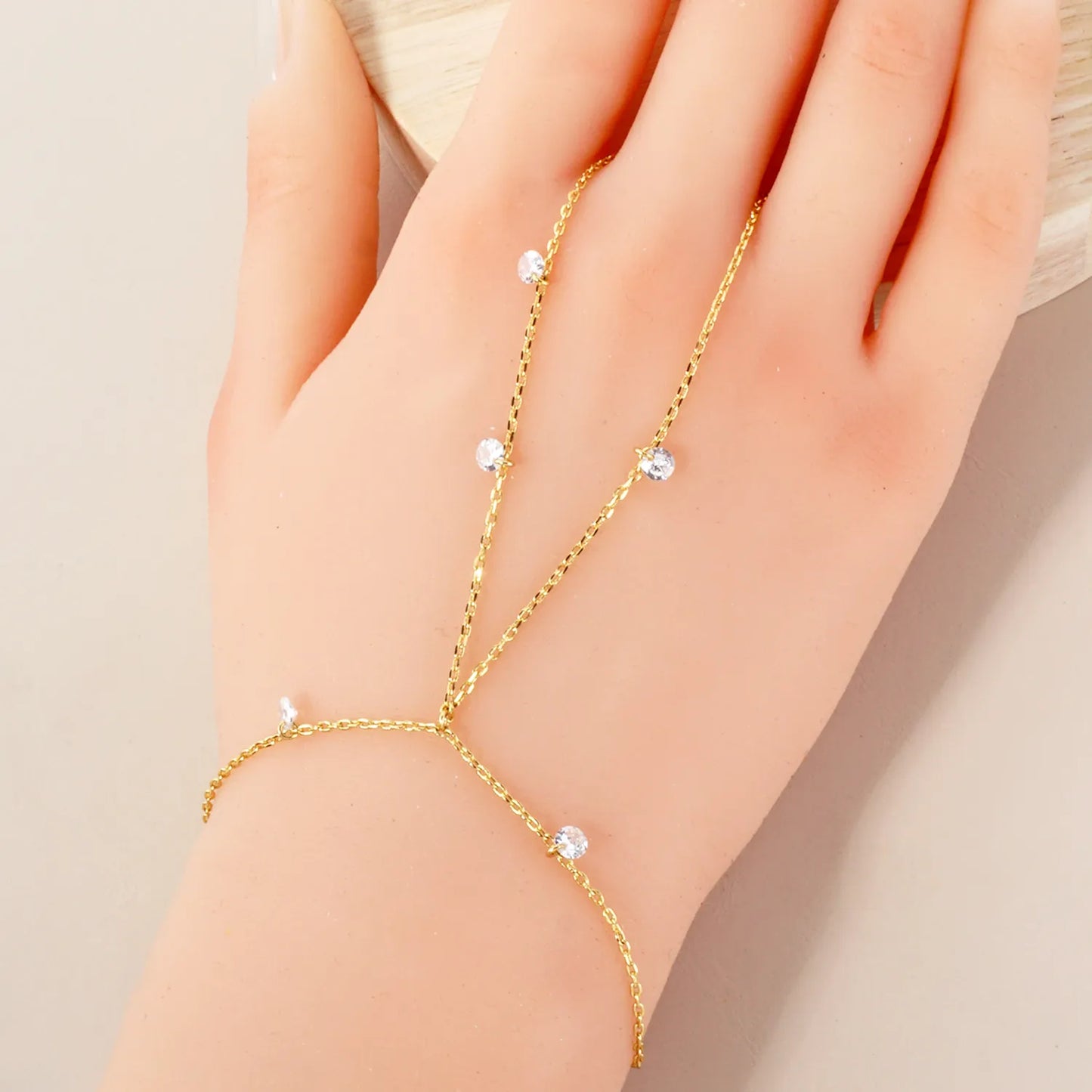 4mm CZ Charms 18K-Gold-Dipped Delicate Brass Hand-Chain Bracelet
