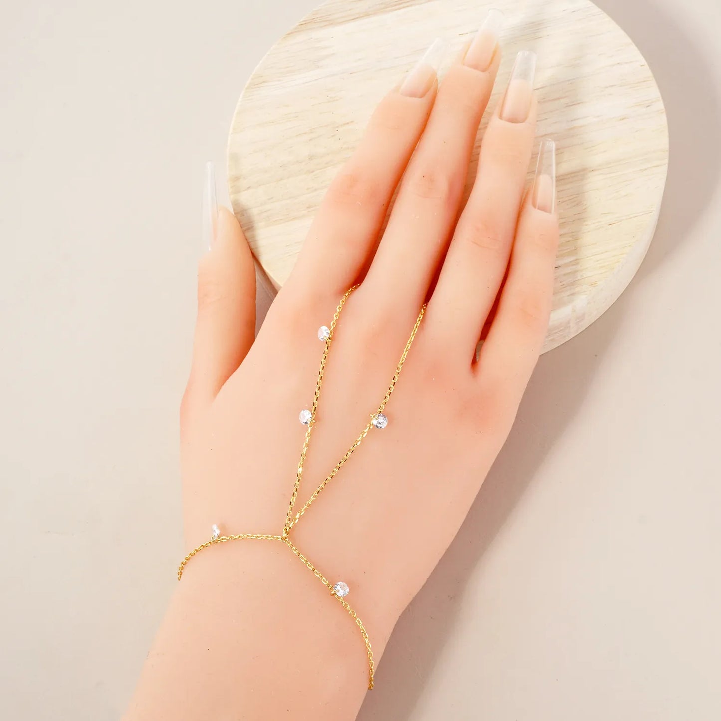4mm CZ Charms 18K-Gold-Dipped Delicate Brass Hand-Chain Bracelet