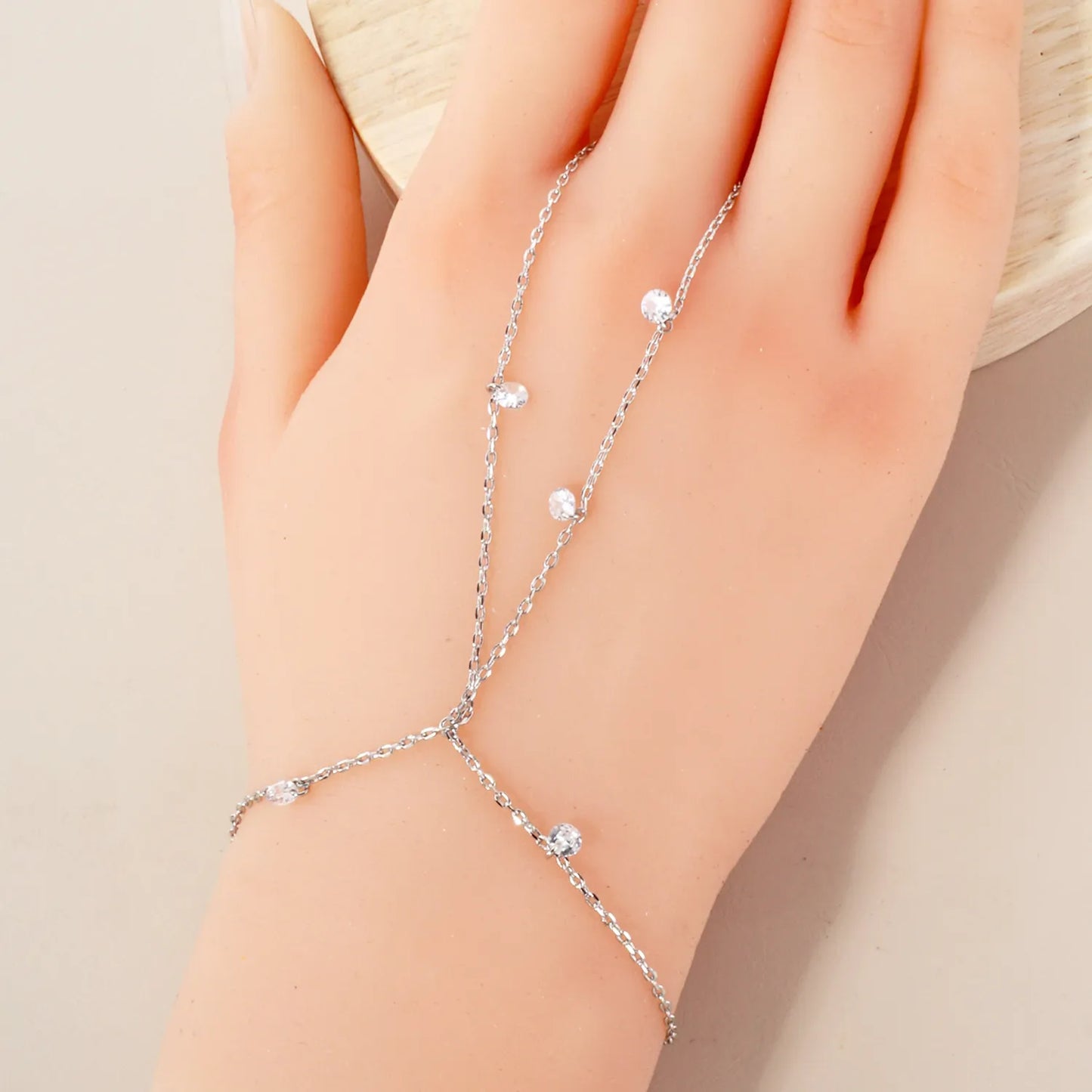 4mm CZ Charms 18K-Gold-Dipped Delicate Brass Hand-Chain Bracelet