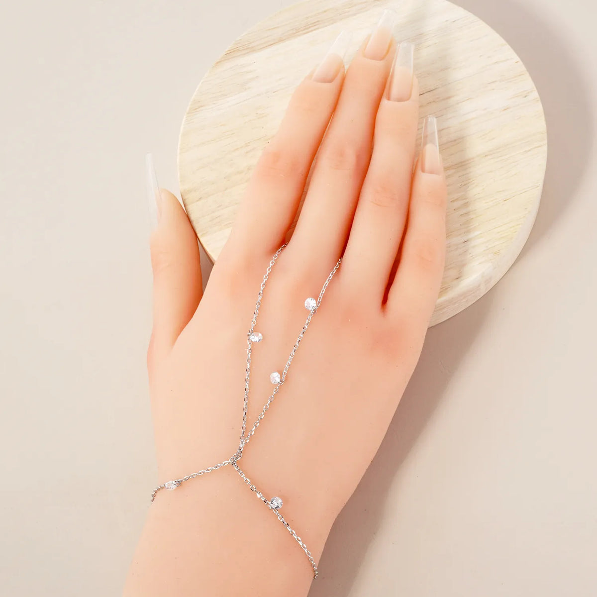 4mm CZ Charms 18K-Gold-Dipped Delicate Brass Hand-Chain Bracelet