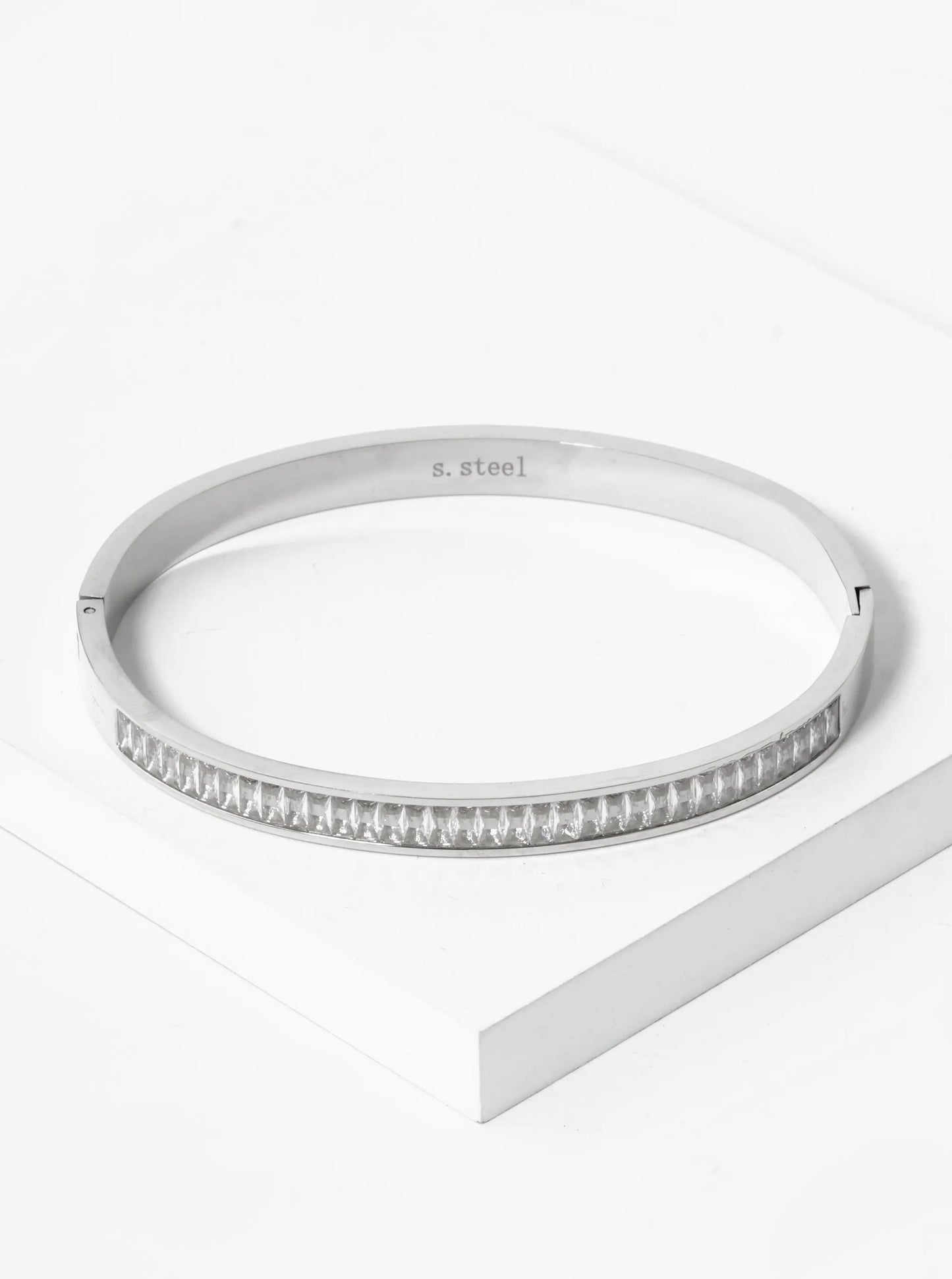 4mm Pave Set Rectangle Cubic Zirconia 6mm Thick Stainless Steel Open Bangle Bracelet