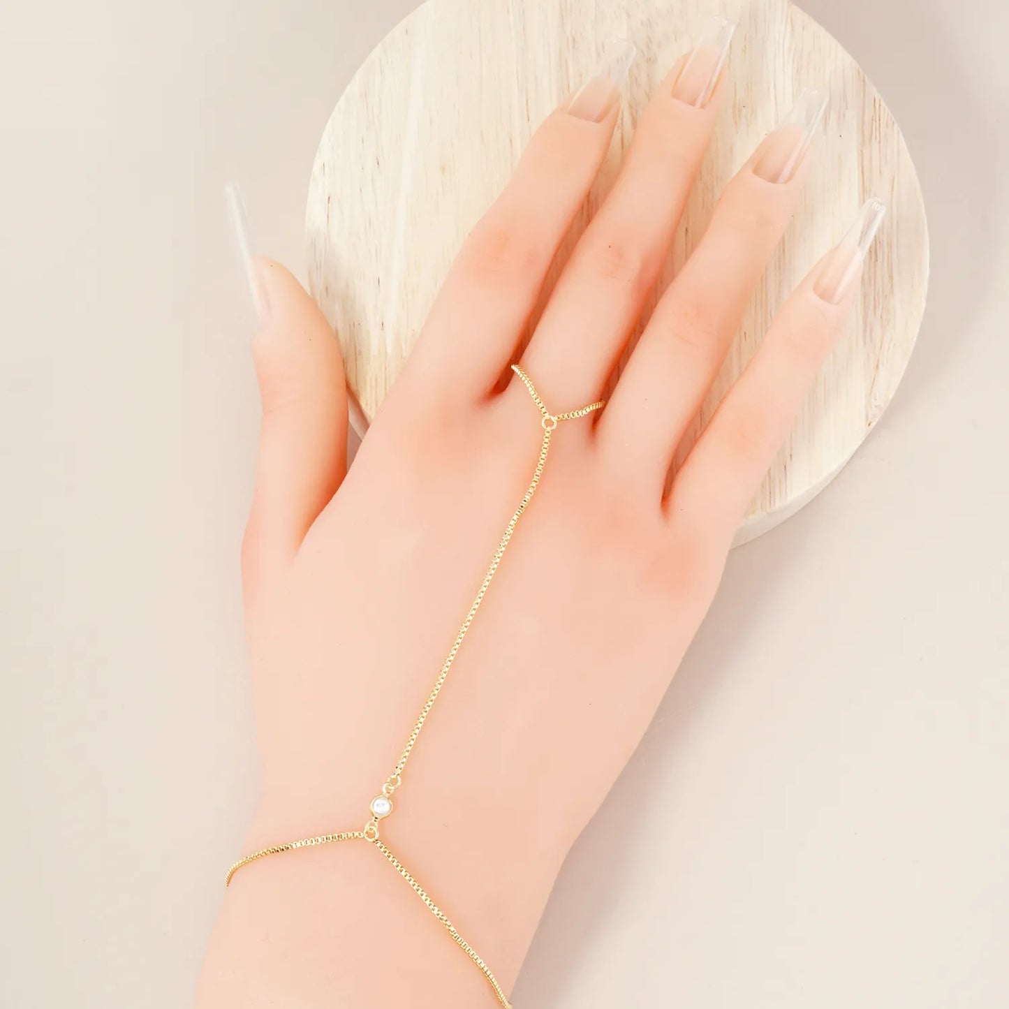 4mm Pearl Accent 1mm 18K-Gold-Dipped Square Box Hand-Chain Braceclet