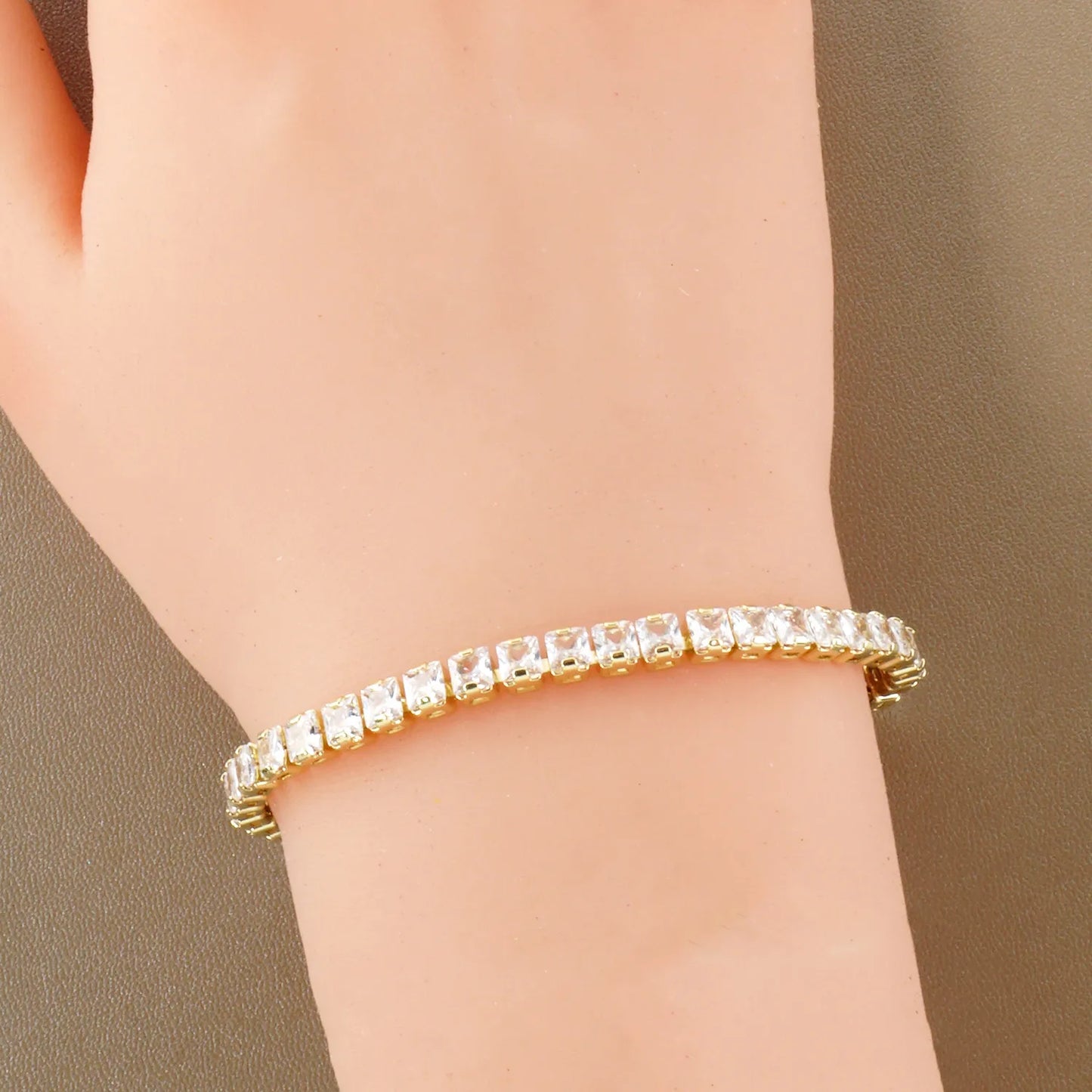 4mm Square Cubic-Zirconia 7-Inch Brass Tennis Bracelet