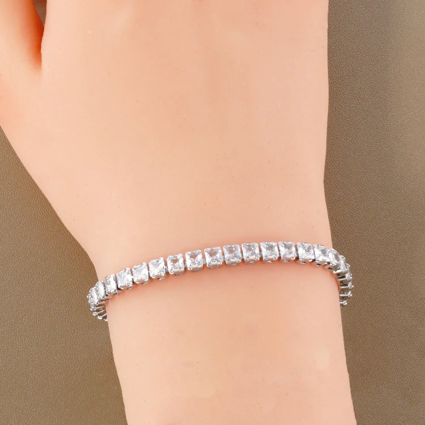 4mm Square Cubic-Zirconia 7-Inch Brass Tennis Bracelet