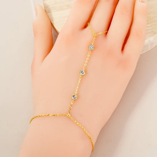 4mm Triple CZ Accent 18K-Gold-Dipped Delicate Brass Hand-Chain Bracelet