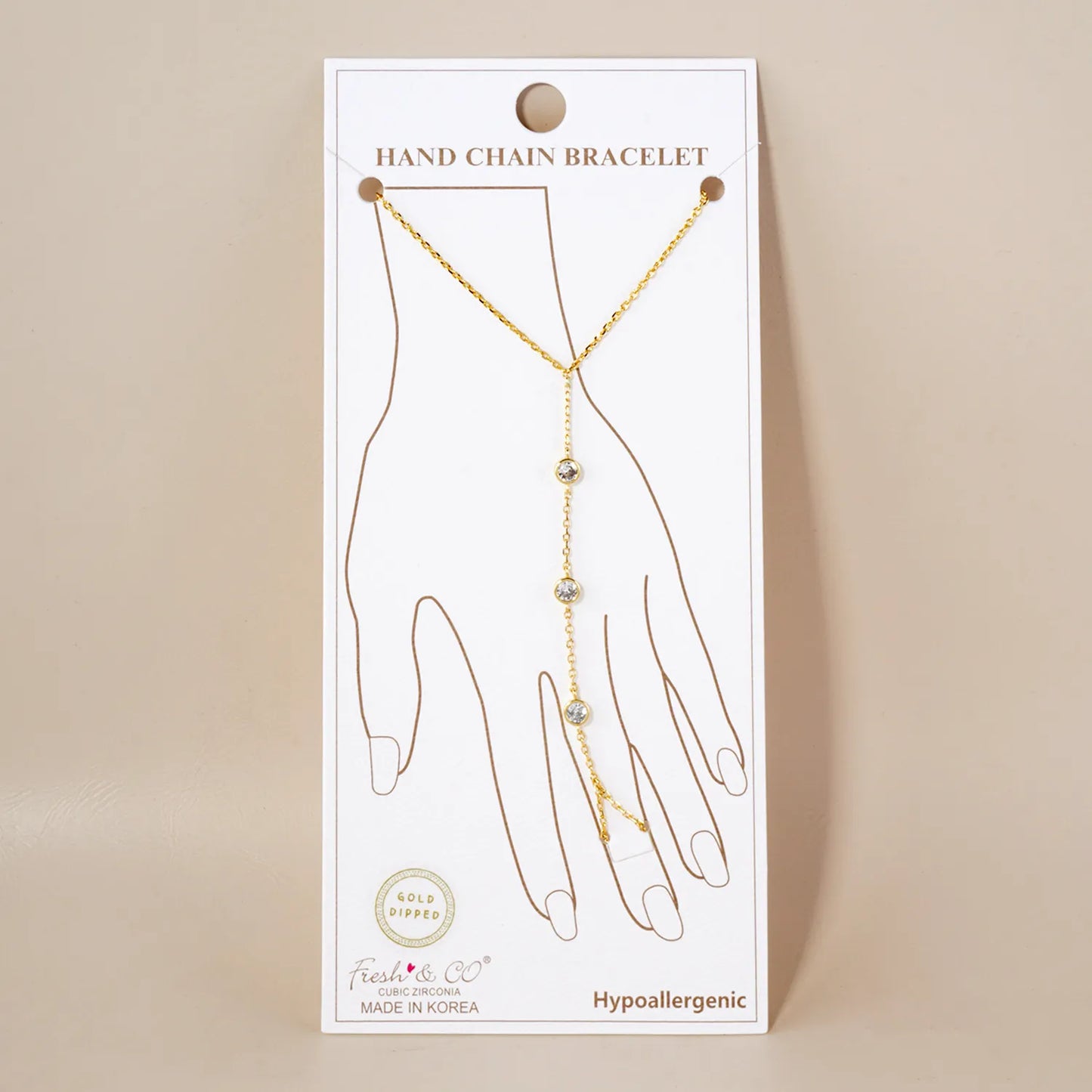 4mm Triple CZ Accent 18K-Gold-Dipped Delicate Brass Hand-Chain Bracelet