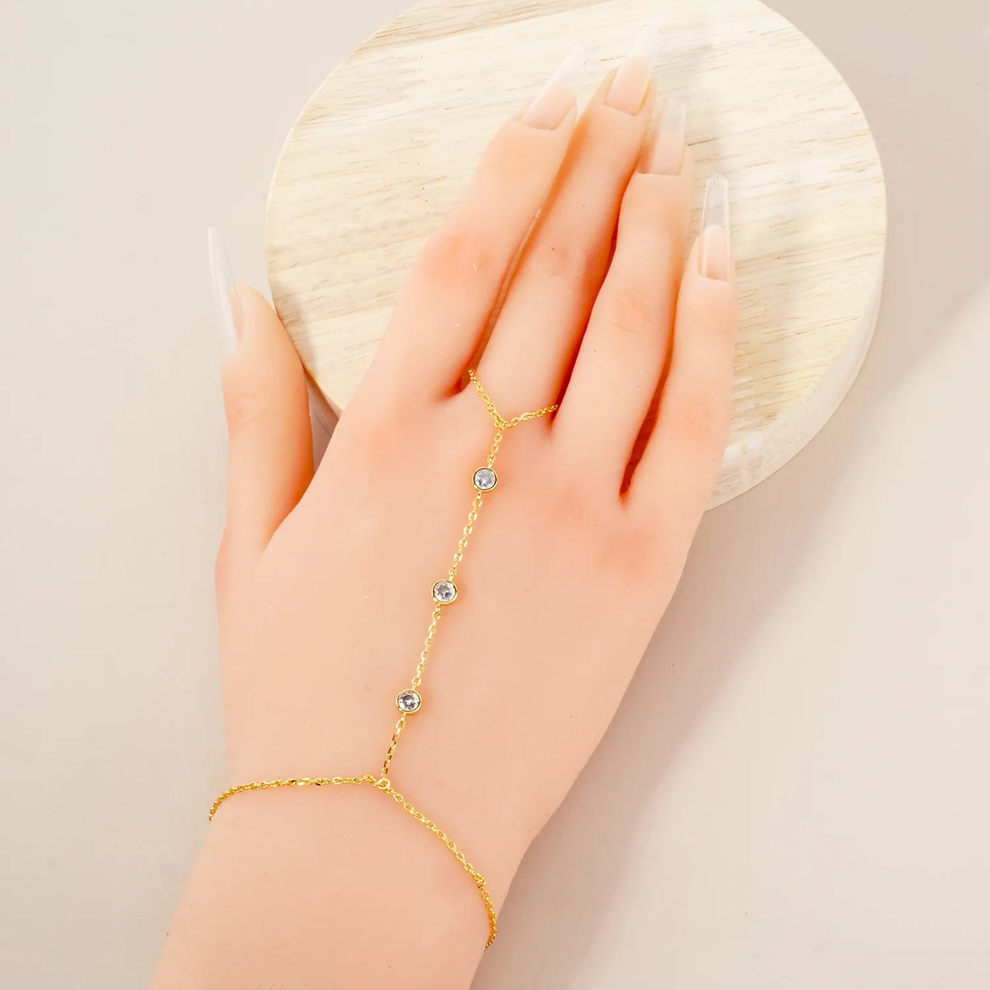 4mm Triple CZ Accent 18K-Gold-Dipped Delicate Brass Hand-Chain Bracelet