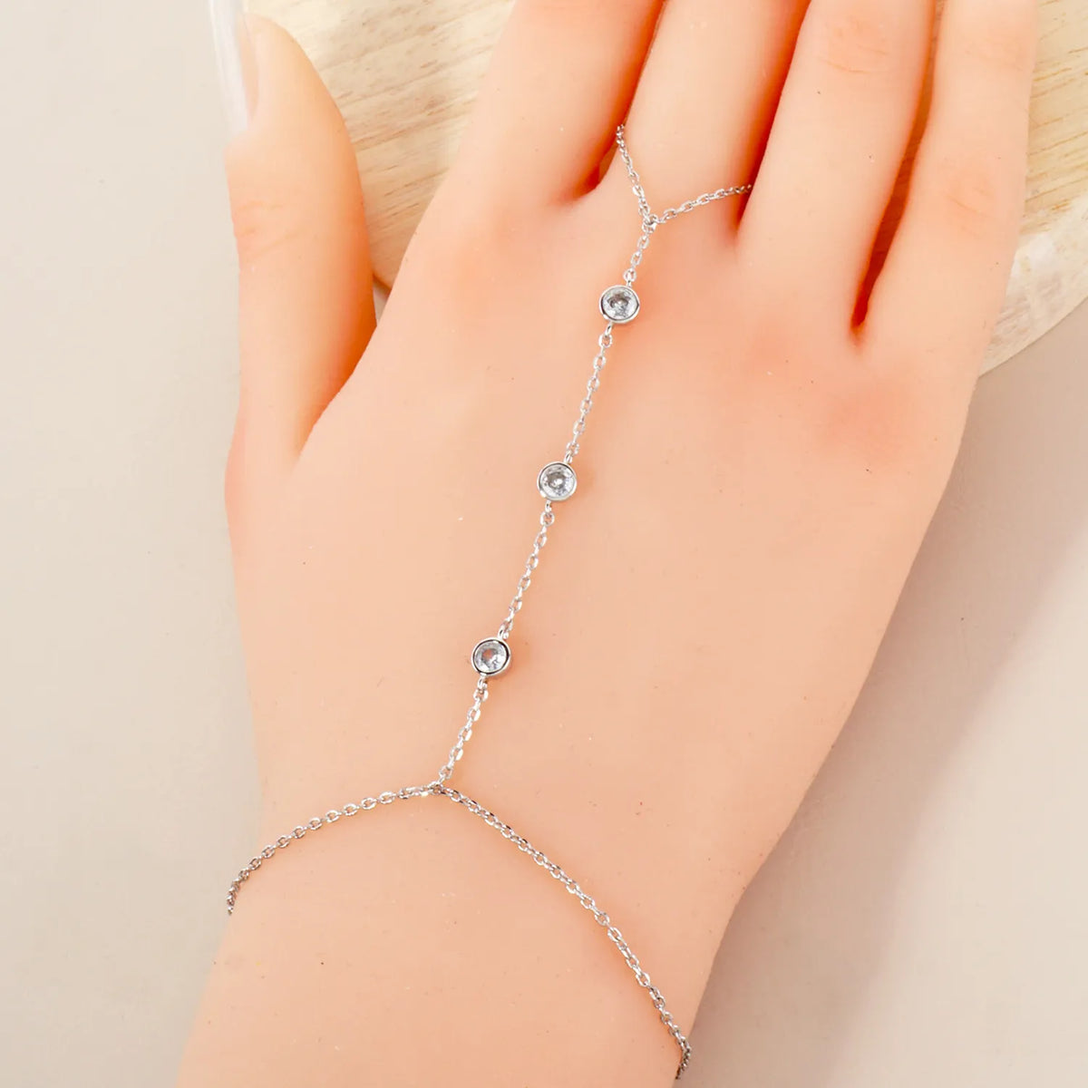 4mm Triple CZ Accent 18K-Gold-Dipped Delicate Brass Hand-Chain Bracelet