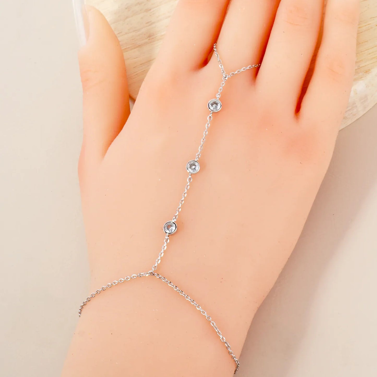 4mm Triple CZ Accent 18K-Gold-Dipped Delicate Brass Hand-Chain Bracelet