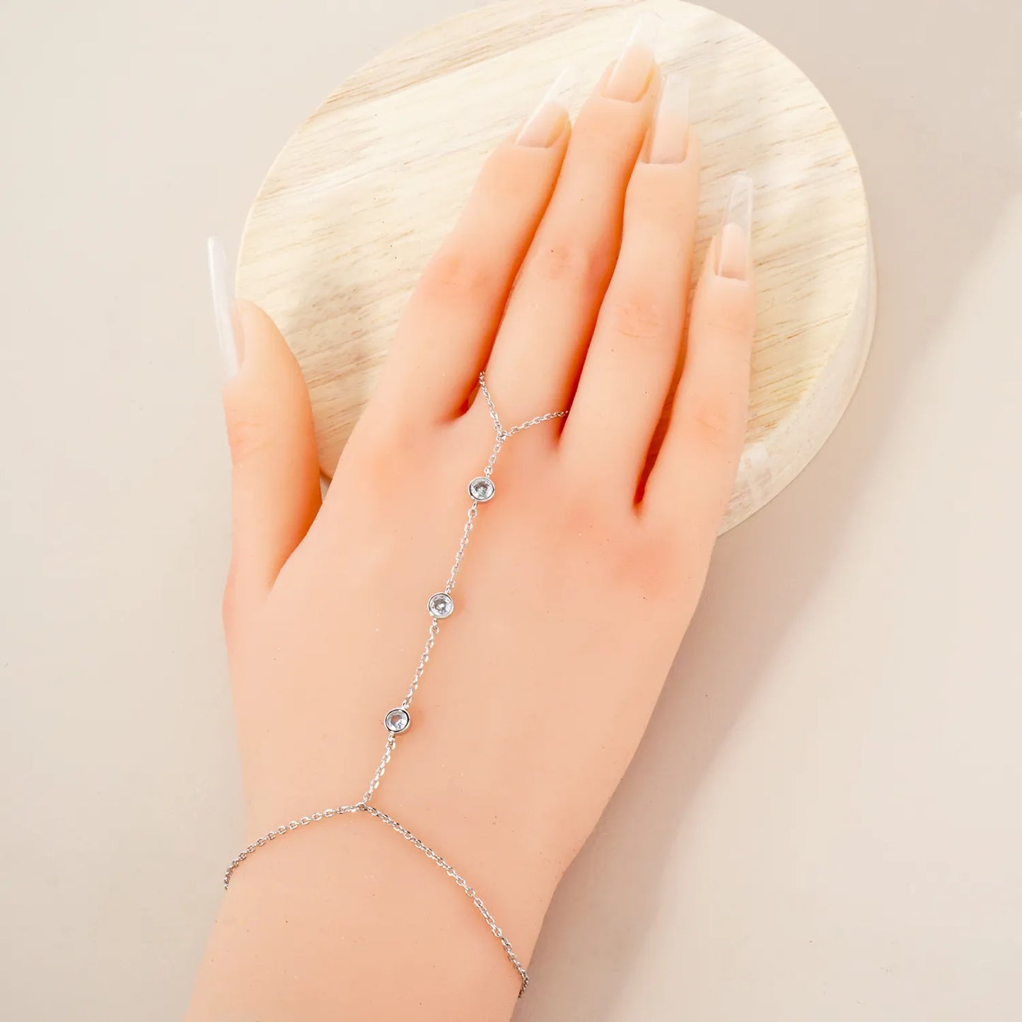 4mm Triple CZ Accent 18K-Gold-Dipped Delicate Brass Hand-Chain Bracelet