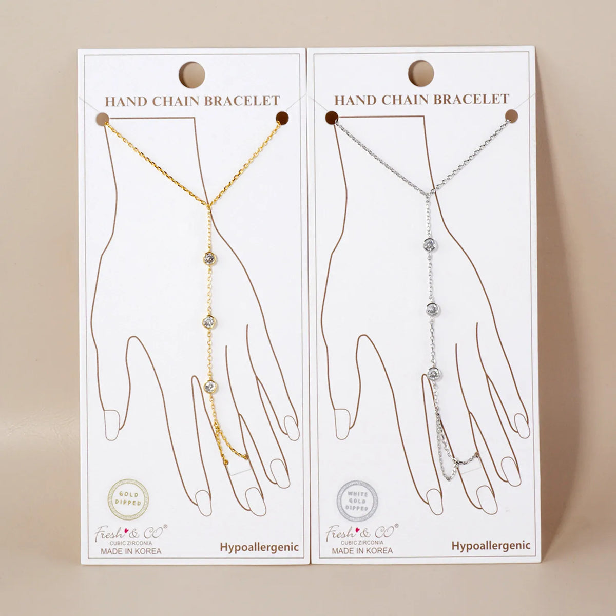 4mm Triple CZ Accent 18K-Gold-Dipped Delicate Brass Hand-Chain Bracelet