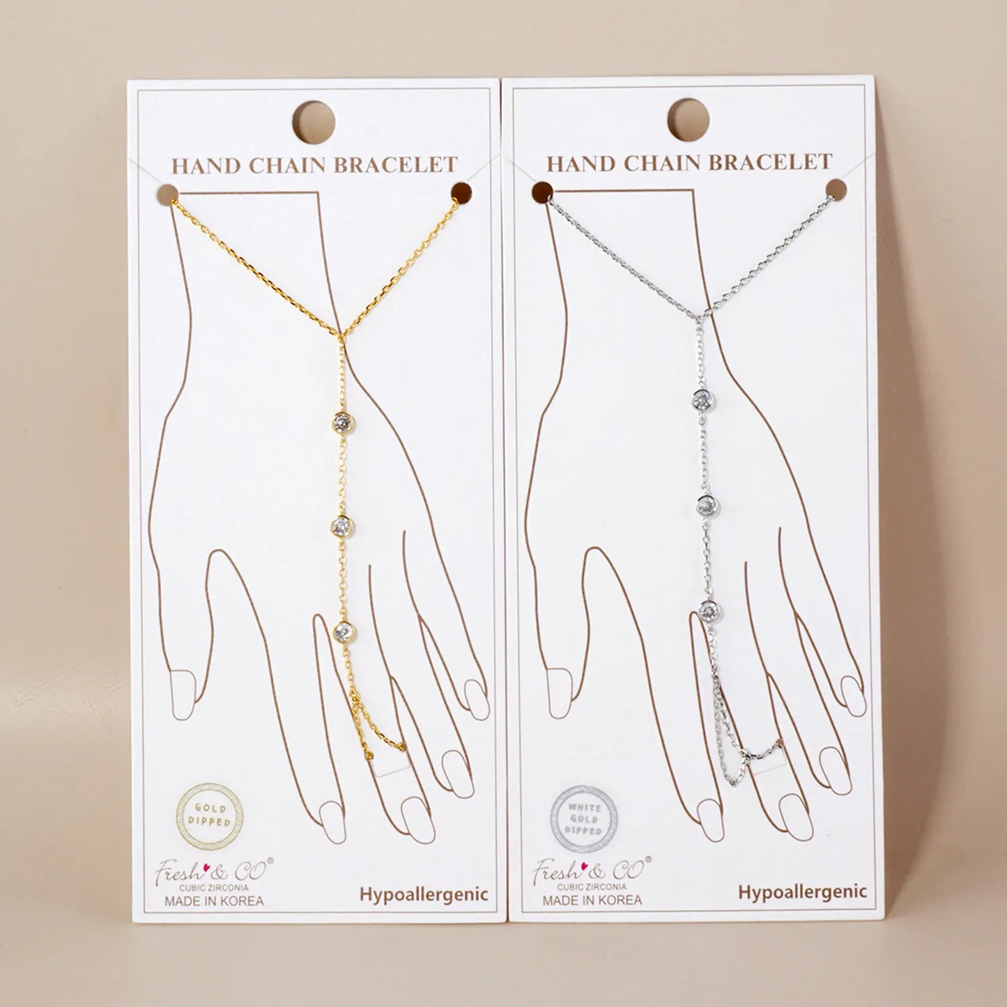 4mm Triple CZ Accent 18K-Gold-Dipped Delicate Brass Hand-Chain Bracelet