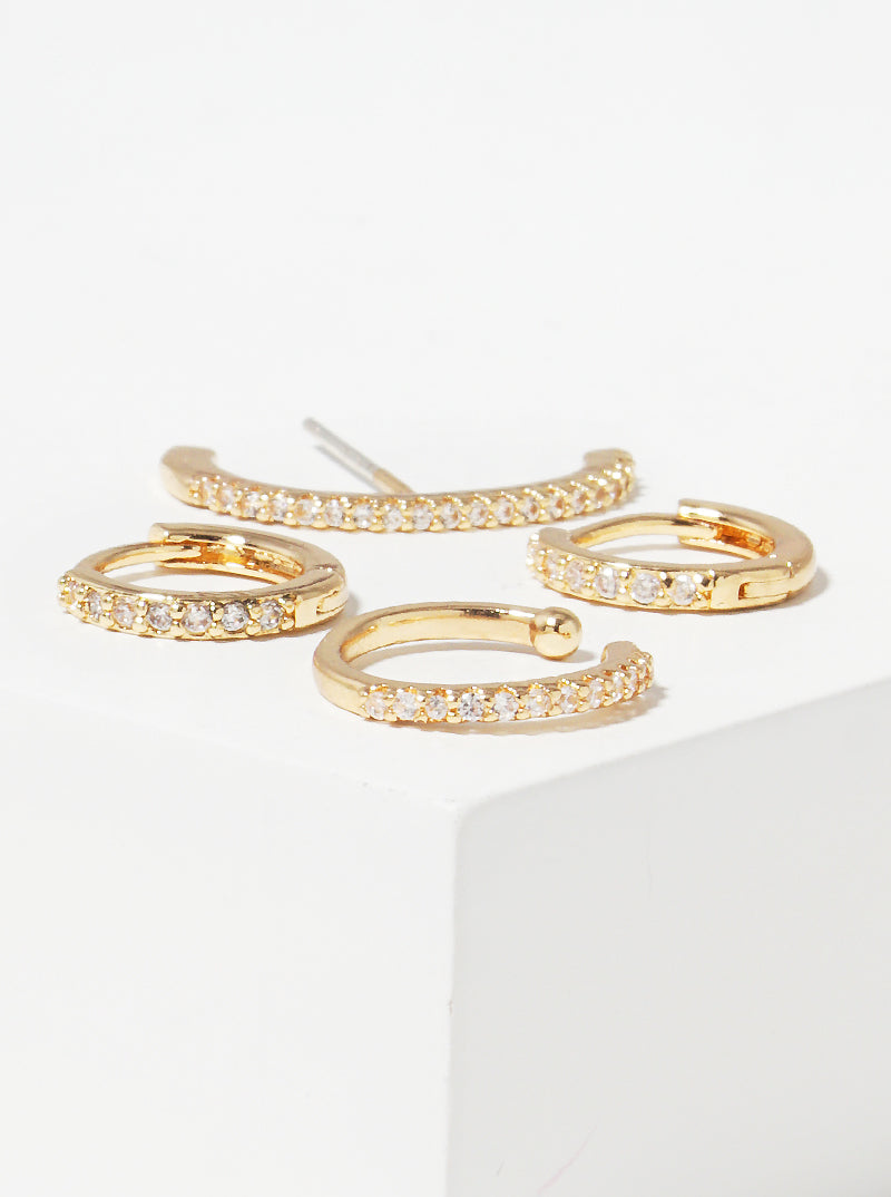 4pcs Assorted 18k Gold Dipped CZ Hoop Earrings With Ear Cuffs