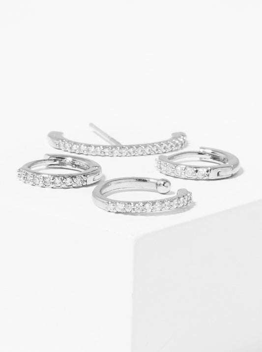 4pcs Assorted White Gold Dipped CZ Hoop Earrings With Ear Cuffs