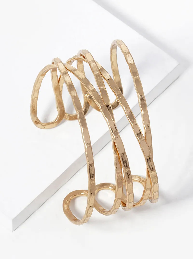 5 Lines Crossed Hammer Textured Metal Cuff Bracelet