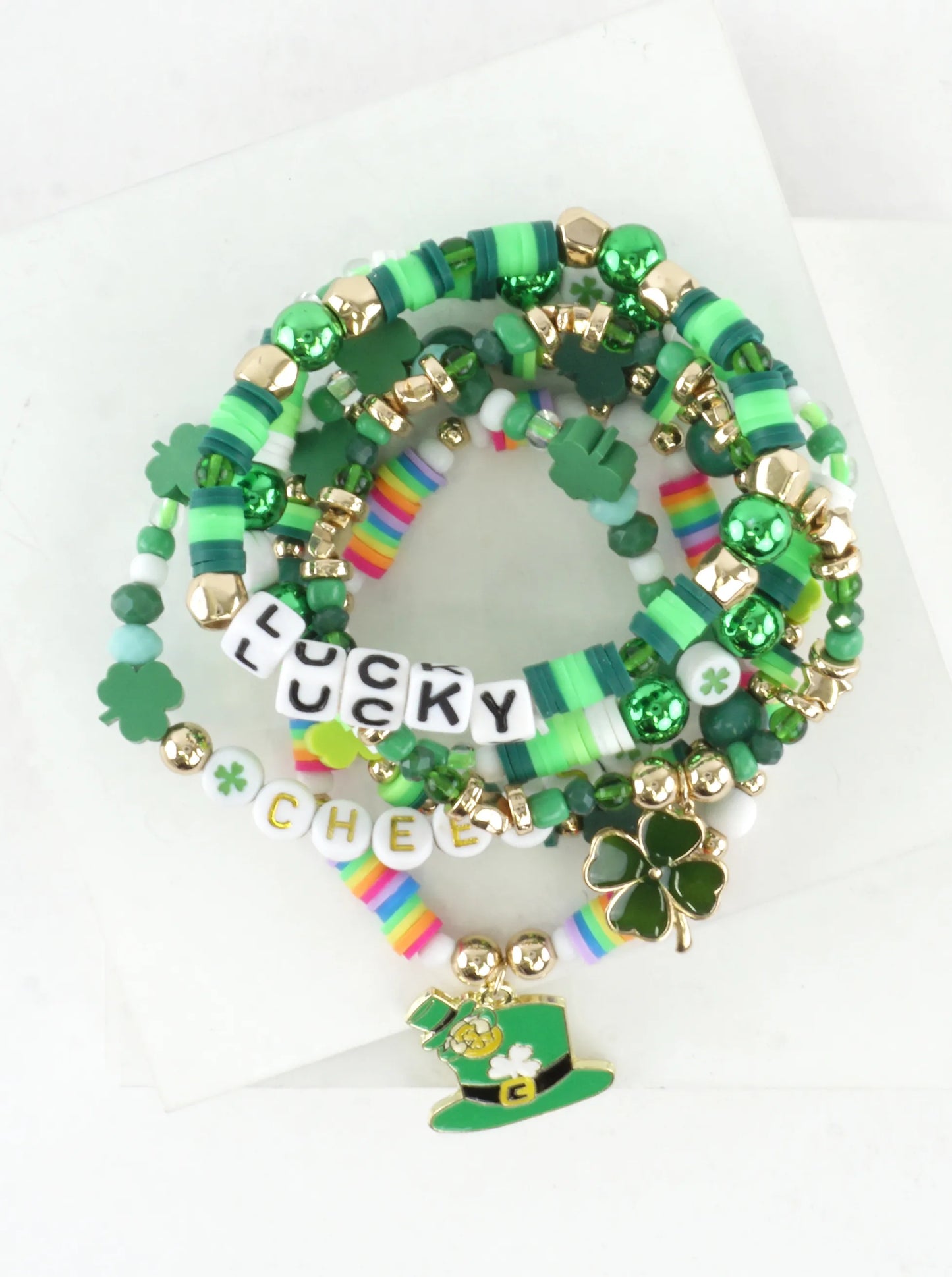 5 PC Clay Beads Shamrock Stretch Charm Bracelets