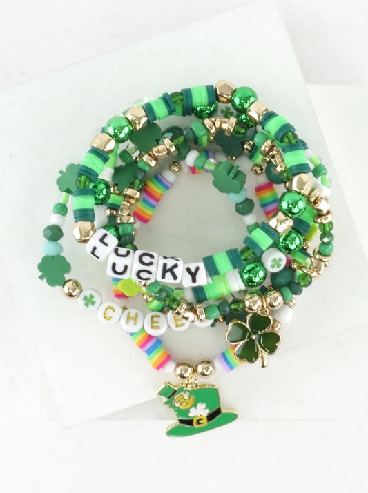 5 PC Clay Beads Shamrock Stretch Charm Bracelets