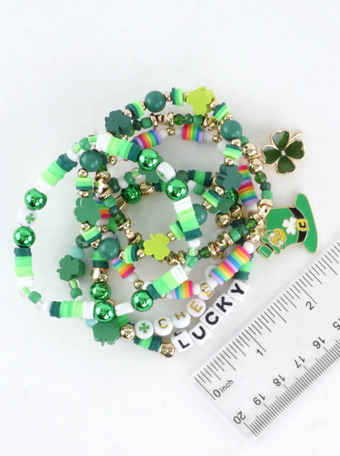 5 PC Clay Beads Shamrock Stretch Charm Bracelets