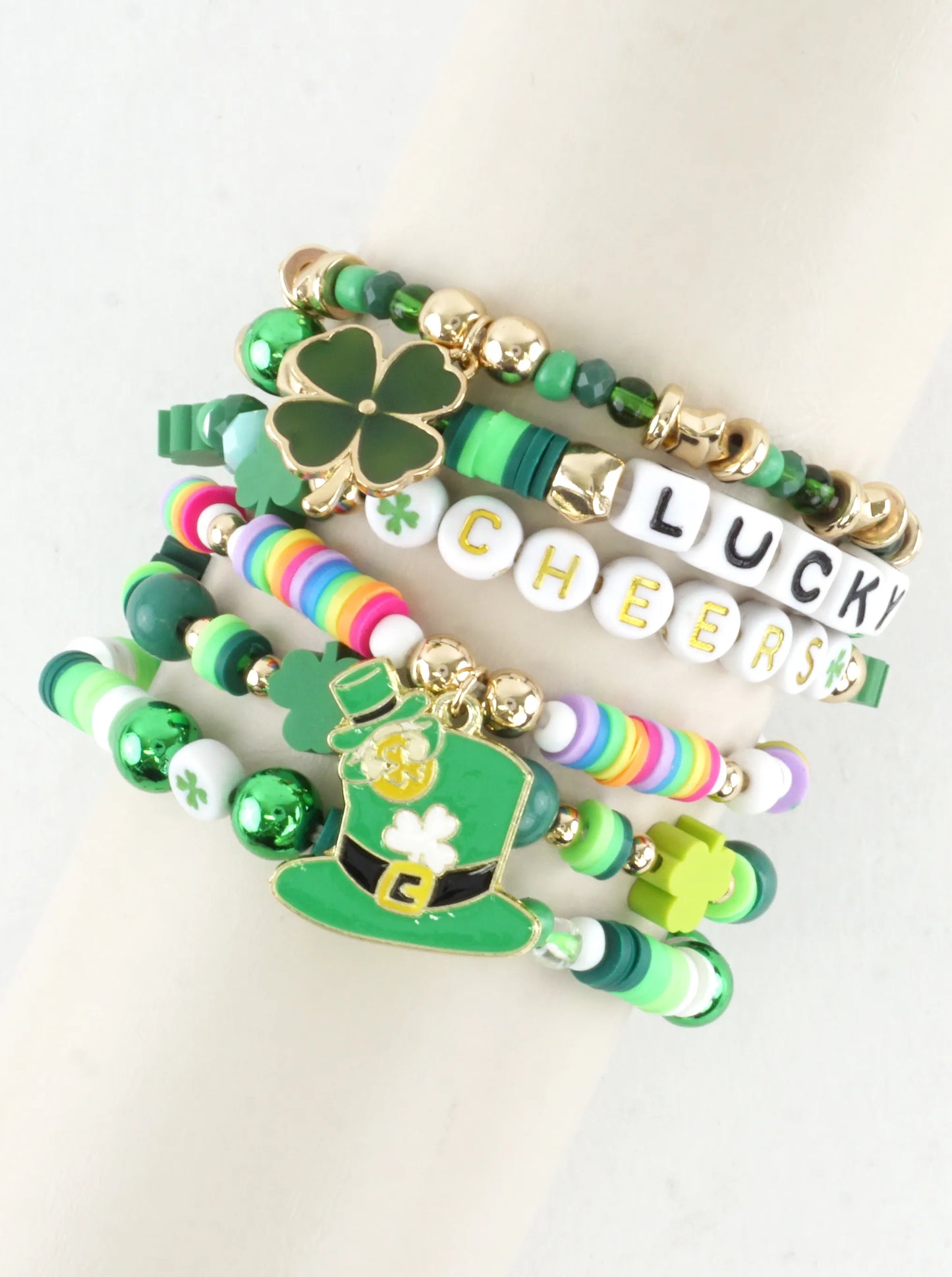 5 PC Clay Beads Shamrock Stretch Charm Bracelets