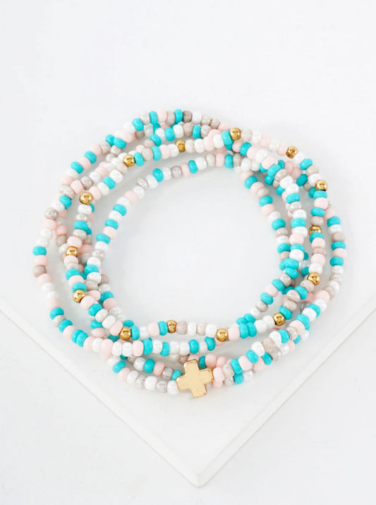 5-PC-Set Metal Cross Accents Glass Beaded Stackable Stretch Bracelet