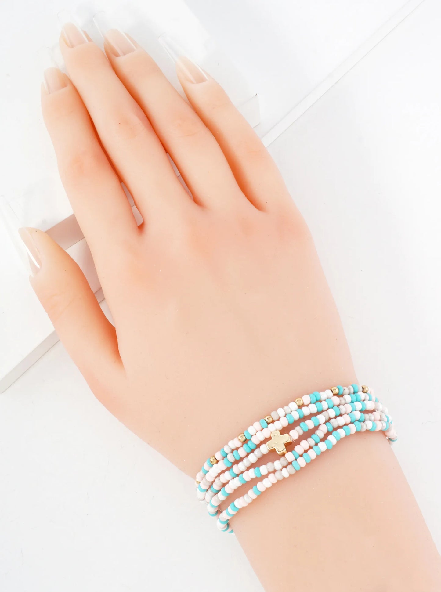 5-PC-Set Metal Cross Accents Glass Beaded Stackable Stretch Bracelet