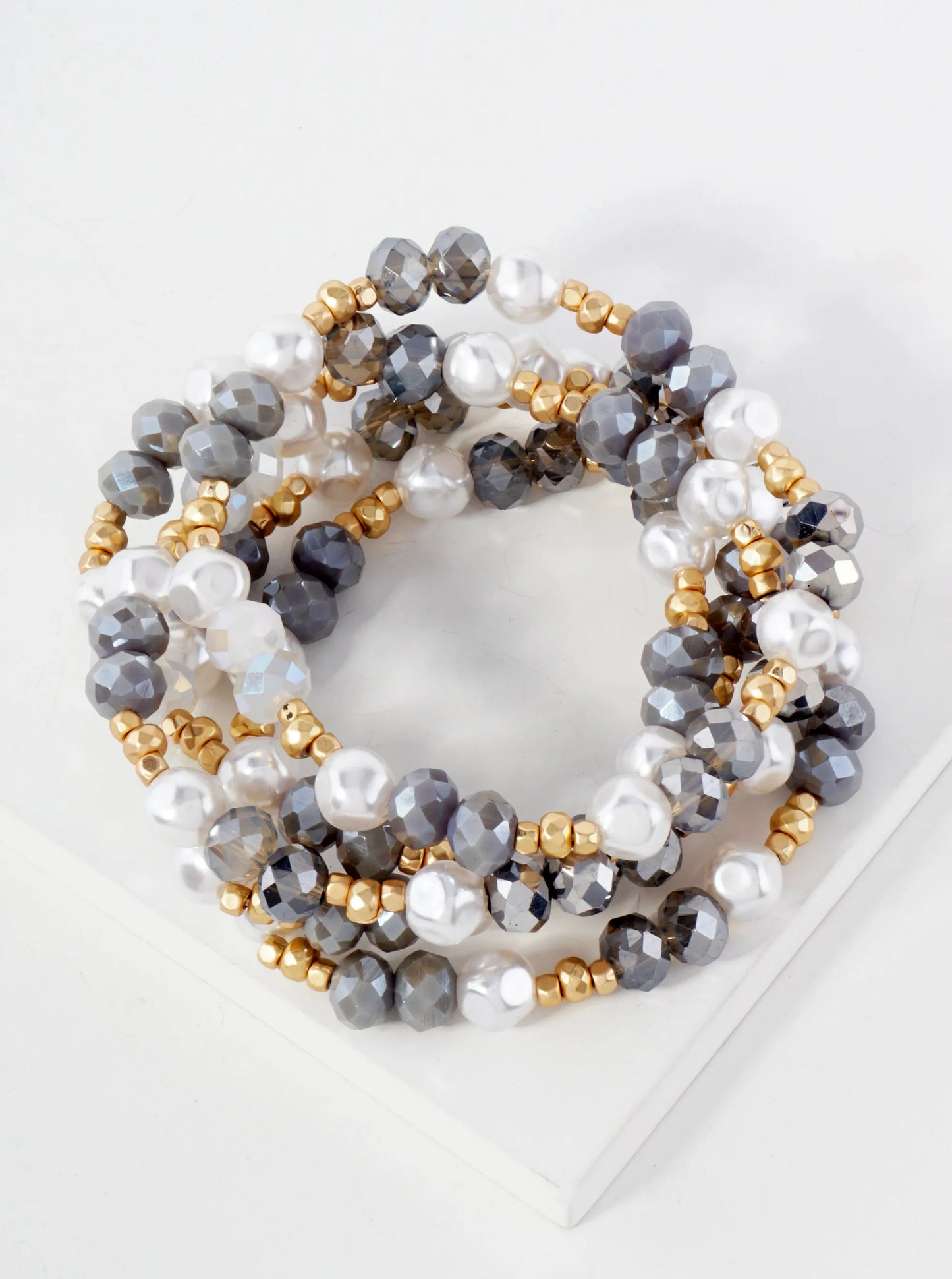 5-PC-Set Pearl Glass-Beaded Stackable Stretch Bracelet