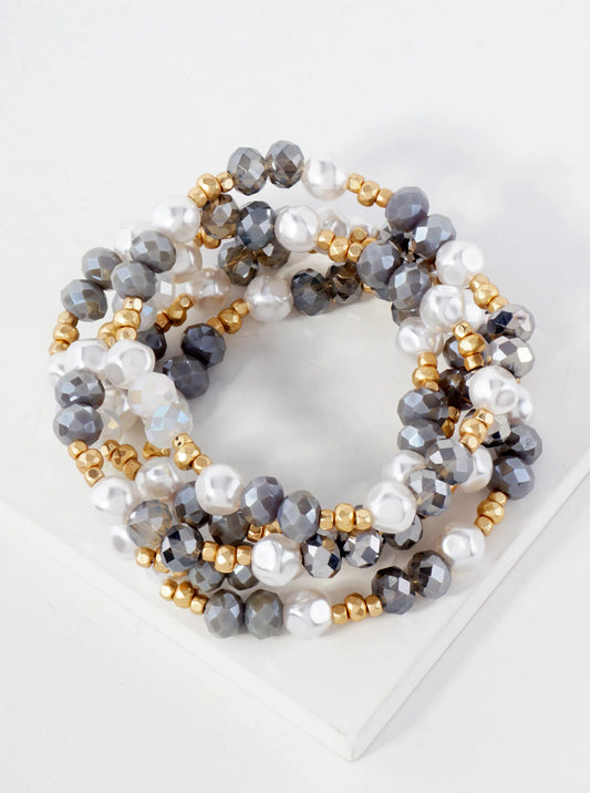 5-PC-Set Pearl Glass-Beaded Stackable Stretch Bracelet