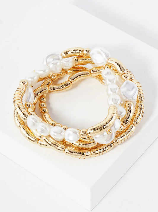 5-PC-Set Pearl And Metal Beaded Stackable Stretch Bracelet