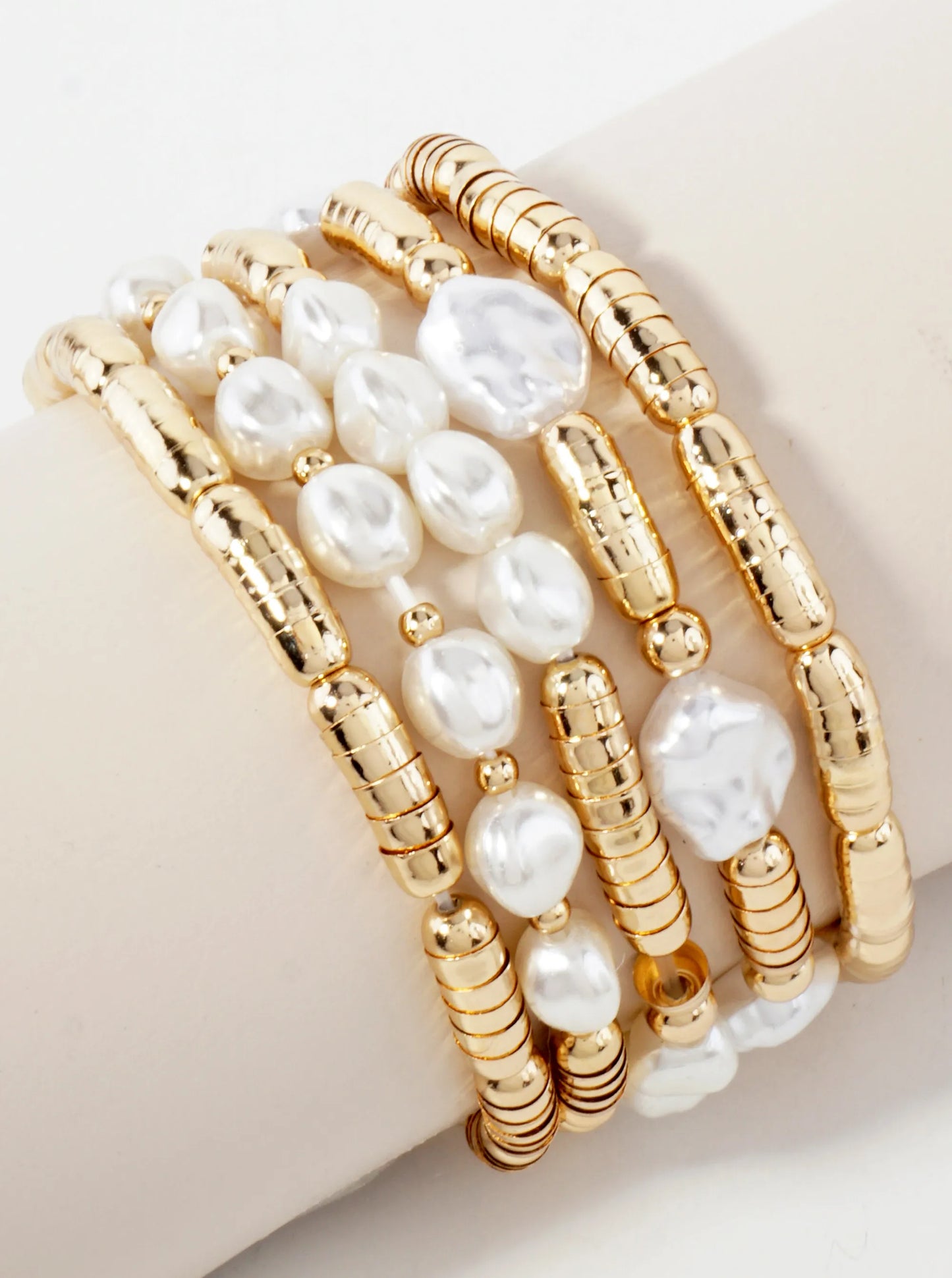 5-PC-Set Pearl And Metal Beaded Stackable Stretch Bracelet