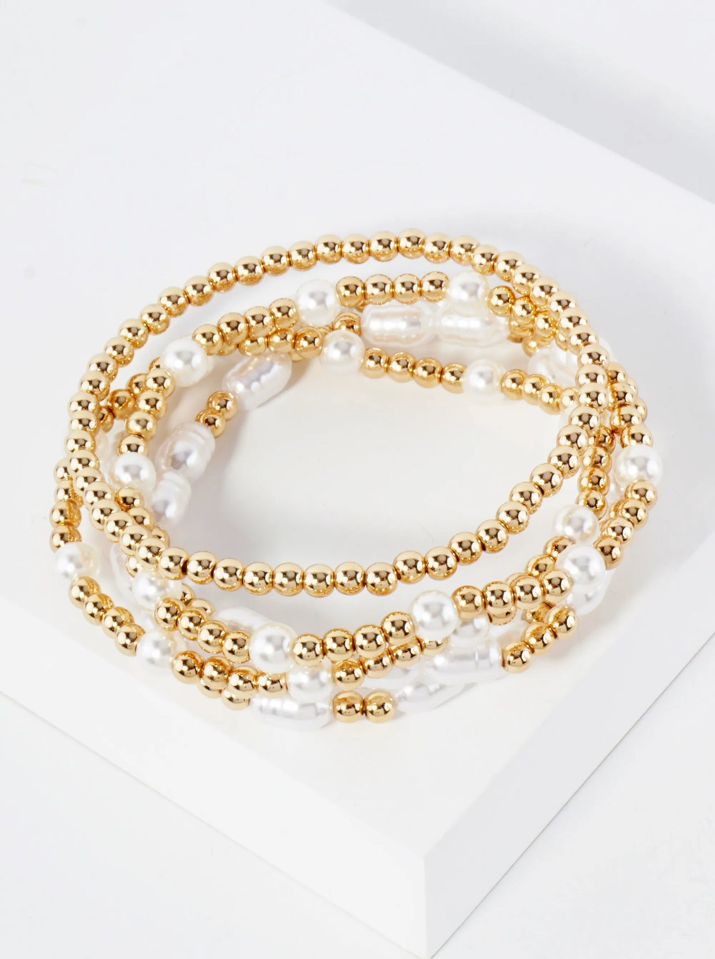 5-PC-Set Pearl And Metallic Beaded Stackable Stretch Bracelet