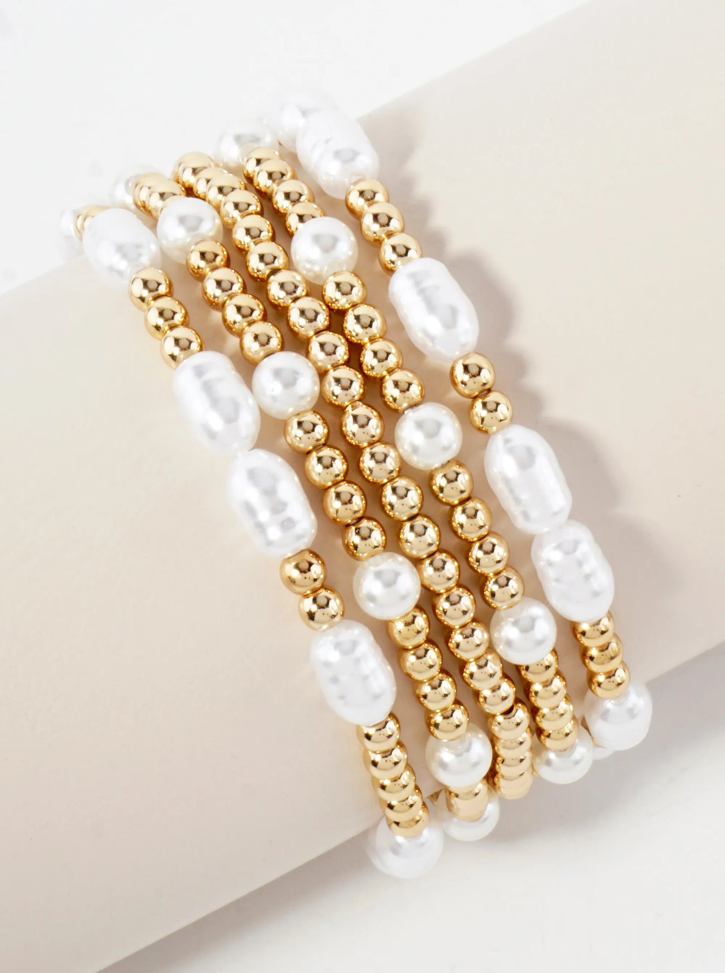 5-PC-Set Pearl And Metallic Beaded Stackable Stretch Bracelet
