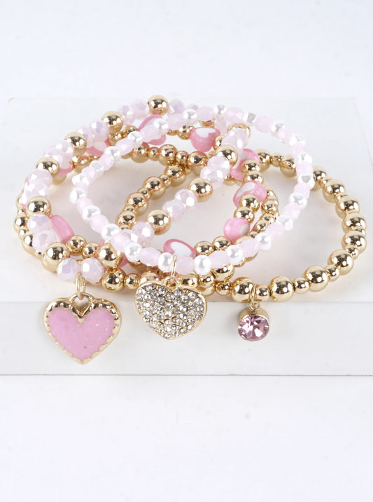 5 PC Valentine Heart Charm Stretch Bracelets Set