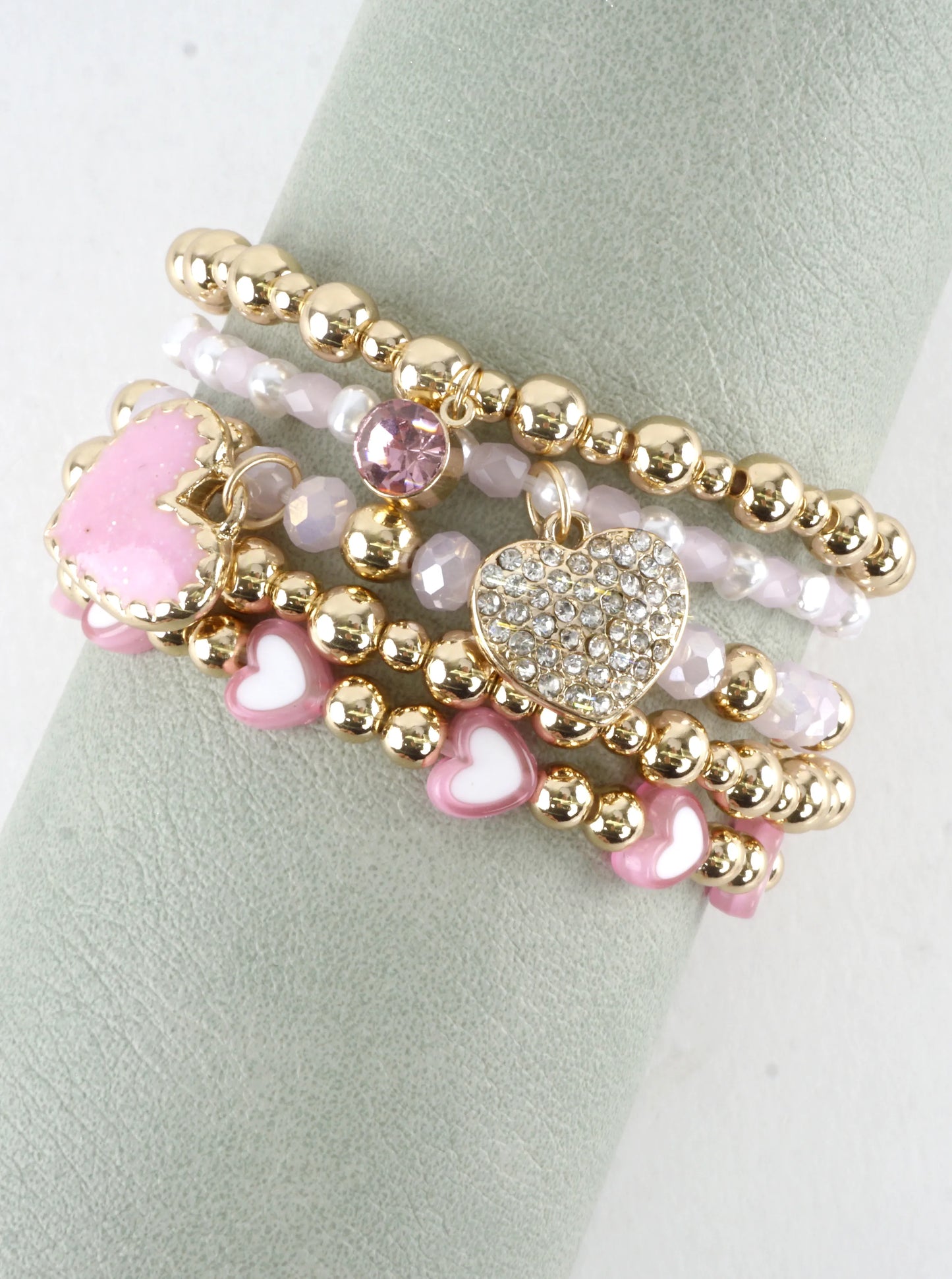 5 PC Valentine Heart Charm Stretch Bracelets Set