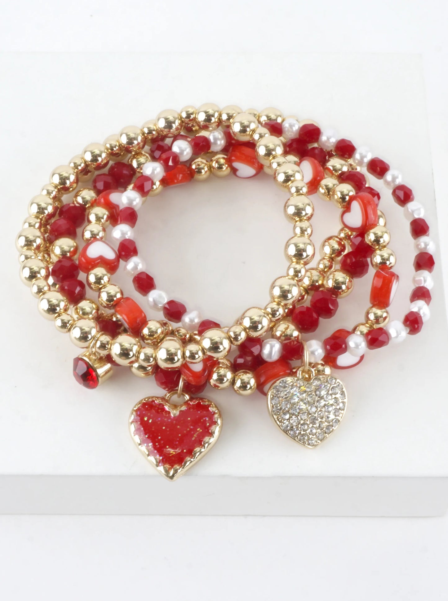 5 PC Valentine Heart Charm Stretch Bracelets Set