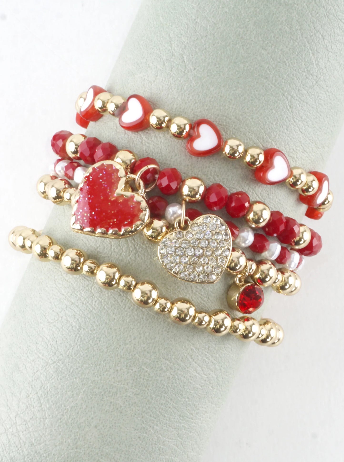 5 PC Valentine Heart Charm Stretch Bracelets Set