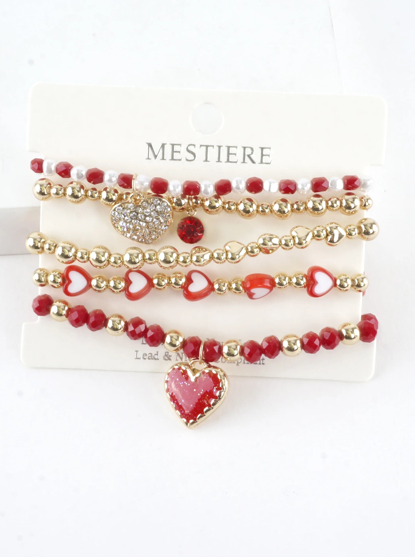 5 PC Valentine Heart Charm Stretch Bracelets Set