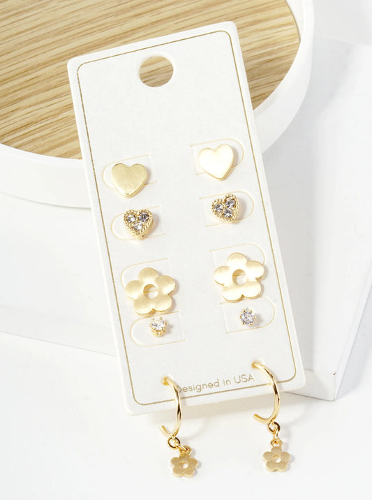 5 Pairs Set Studs And Hoop Hearts And Flower Earrings
