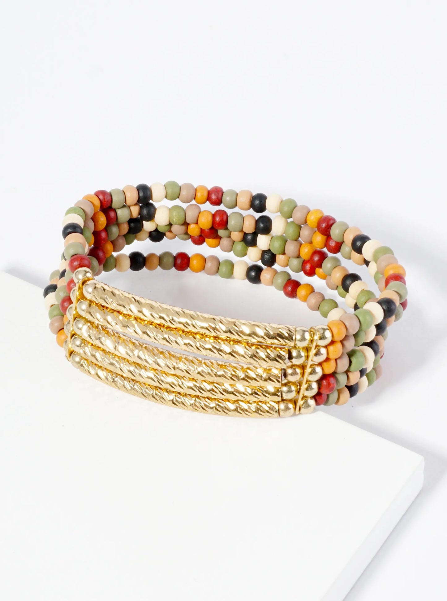 5 Row Wood Beaded Stretch Bracelet
