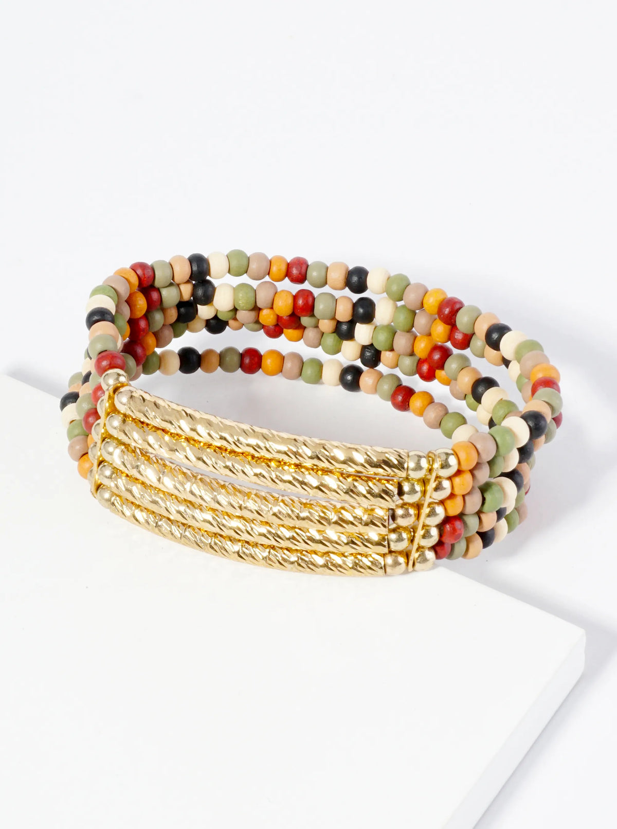 5 Row Wood Beaded Stretch Bracelet