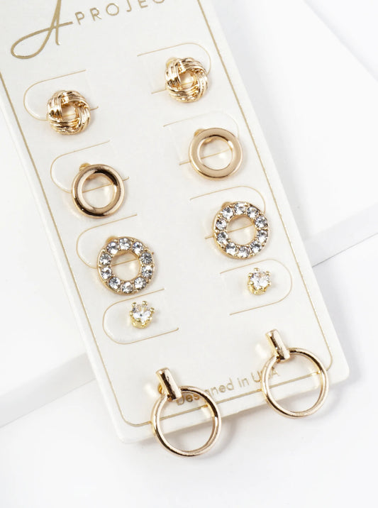 5-Set Assorted Crystal Pave Love Knot Circle Stud Earrings