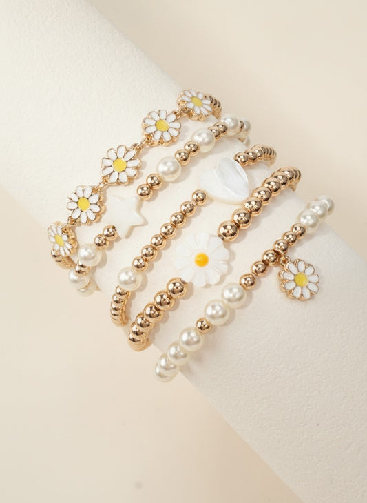 5-Set Daisy & Pearl Stretch Bracelets