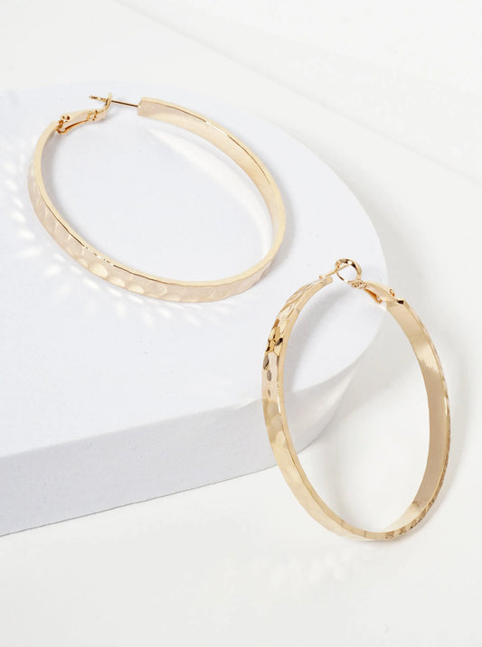 50mm 14K-Gold-Dipped Hammered-Texture 4mm Thickness Latch-Back Hoop Earrings