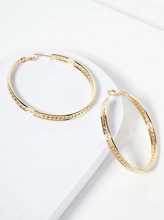 50mm 14K-Gold-Dipped Textured Brass Latch-back Hoop Earrings