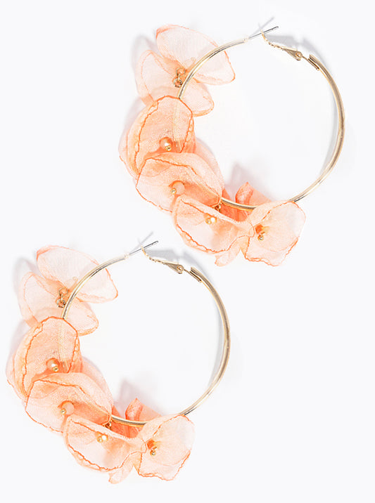 50mm Chiffon Floral Flower Omega-Back Hoop Earrings