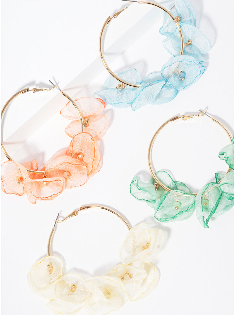50mm Chiffon Floral Flower Omega-Back Hoop Earrings